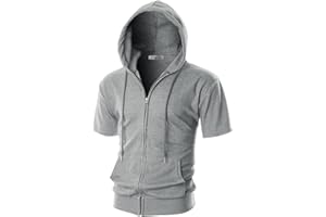 Ohoo Mens Slim Fit Zip up Hoodie Short Sleeve Thin Jacket Full Zip Sweatshirt with Kanga Pocket