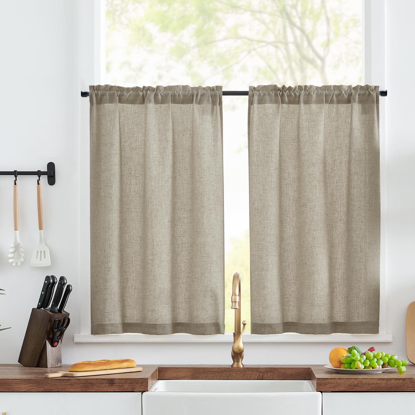 TOPICK Linen Blend Kitchen Curtains, 36 Inch Drop Small Cafe Curtains, Solid Pattern Light Filtering Short Curtain Tiers for Bathroom Sink Cupboard, Rod Pocket 2 Panels Taupe — image 1