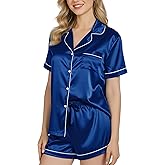 NY Threads Women's Silk Satin Pajamas Set Button Down Top and Shorts 2 Piece Sleepwear Loungewear Pjs Set