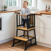 COSYLAND Toddler Kitchen Stool Helper – Stable A-Frame Design Kids Kitchen Step Stool with Protective Crossbar – Wooden Toddler Standing Tower for Learning in Bathroom (Black & Natural)