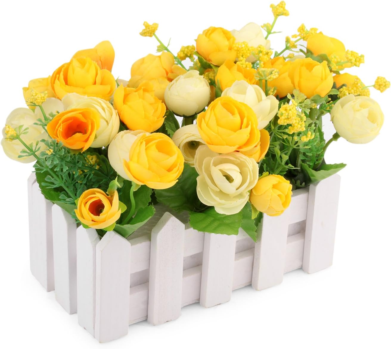 Louis Garden Artificial Flowers Fake Rose in Picket Fence Pot Pack - Small Potted Plant (Yellow-new)
