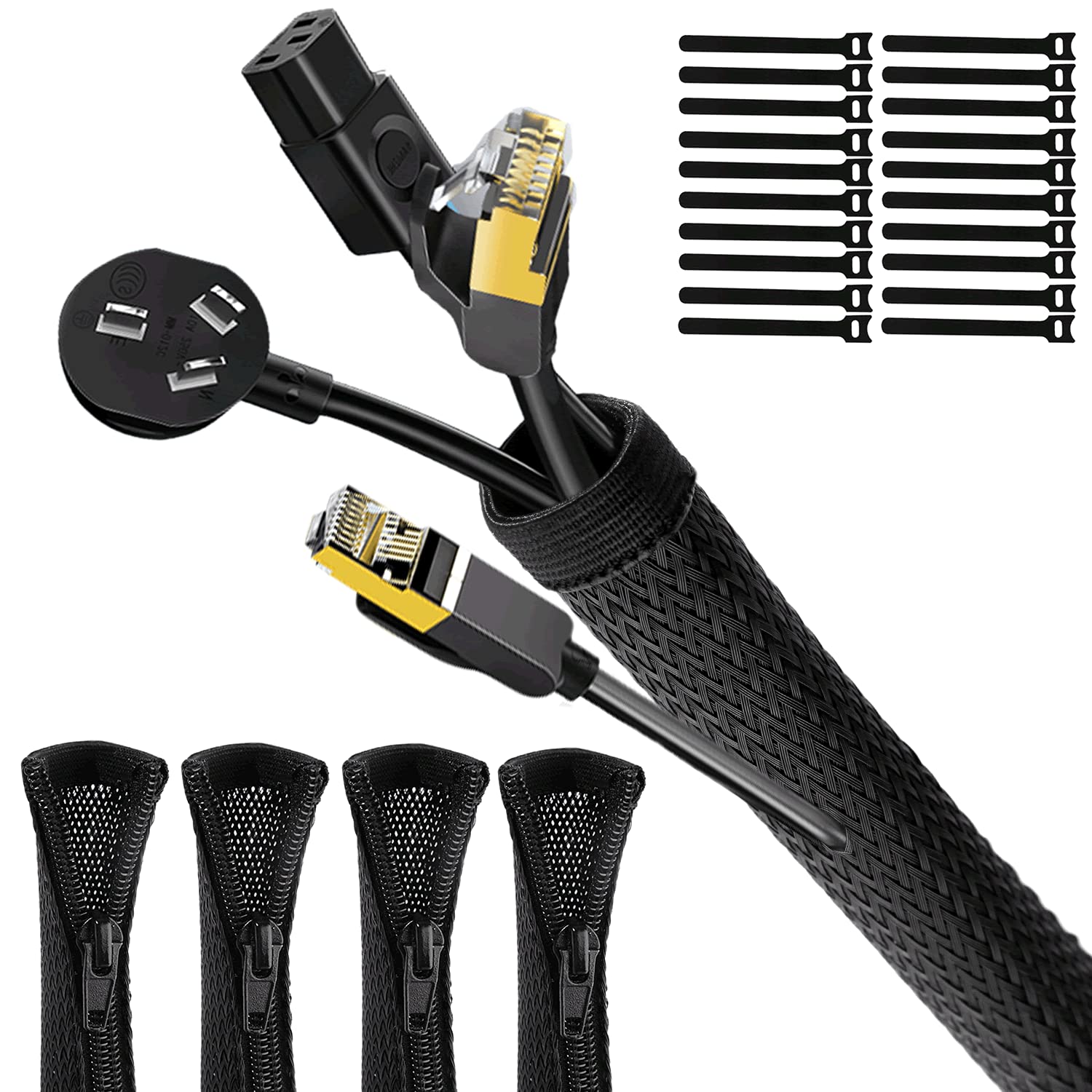 UPXDUMI Cable Tidy Zip Sleeve for PC/TV, 20mm - 2.4m Desk Cable Management Organisers, Wire Tidy Loom Tube Cord Cover Protector with 20 PCS Reusable Cable Ties for Home, Office, 2*(50CM+70CM), Black