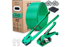 Hugbow Banding Strapping Kit, Heavy Duty Pallet Packaging Kit with >1500lbs 5/8" x 1300' PET Strapping Roll, 300 Metal Seals, 100 Corner Protectors, Strapping Tensioner, Banding Sealer Tool