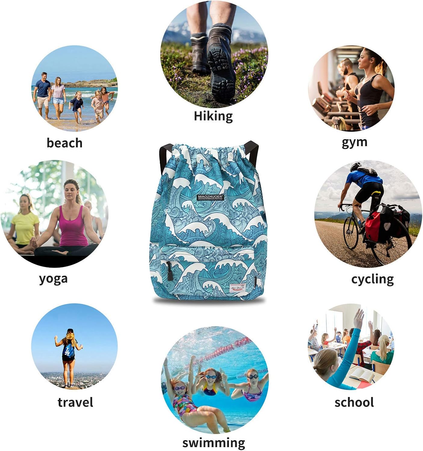 Waterproof Drawstring Bag, Gym Bag Sackpack Sports Backpack for Men Women Girls (50-wave): Clothing