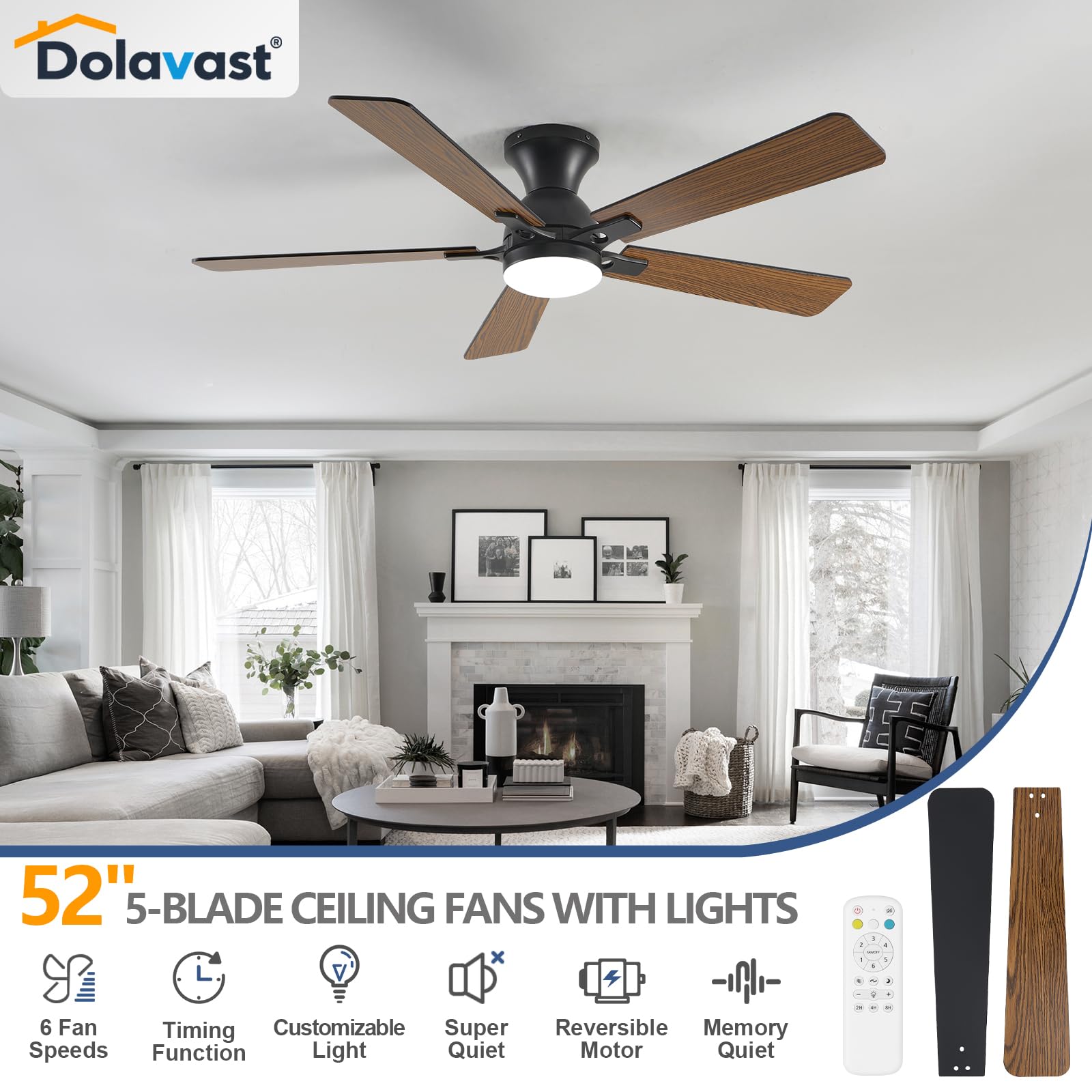 Ceiling Fans with Lights, 52 Inch Low Profile Ceiling Fan with Light and Remote Control, Flush Mount, Reversible, 3CCT, Dimmable LED, Quiet, Black Ceiling Fan for Bedroom, Living Room