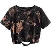 Avanova Tie Dye Shirt Women Ripped Short Sleeve Crop Tops Distressed Cropped T Shirts for Concert Halloween Goth Rock