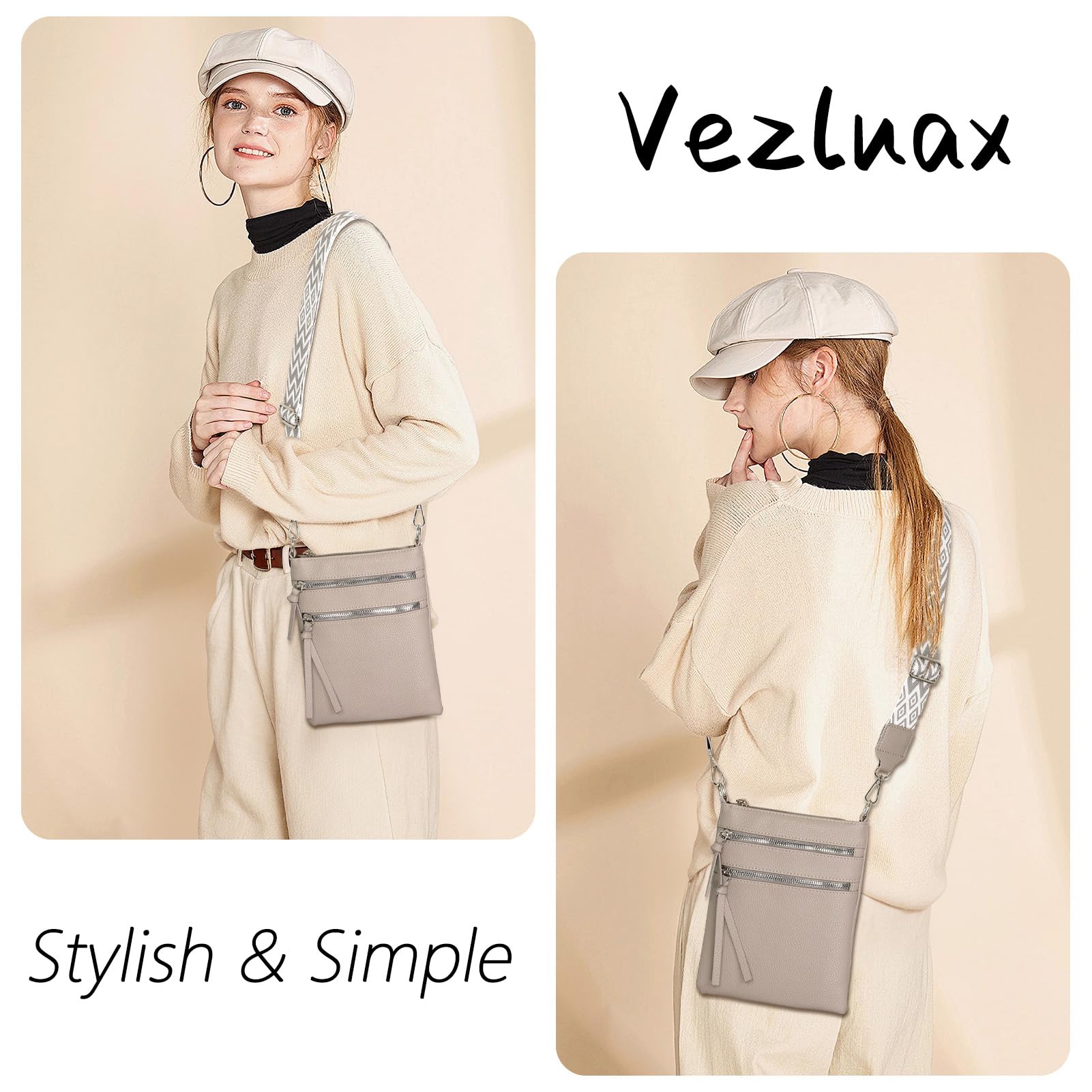 Vezluax kleine Umhängetasche Damen slim Handytasche zum Umhängen Leder Crossbody Bag mit Reißverschluss Schultertasche für Frauen Reise Geschenk Grau 6