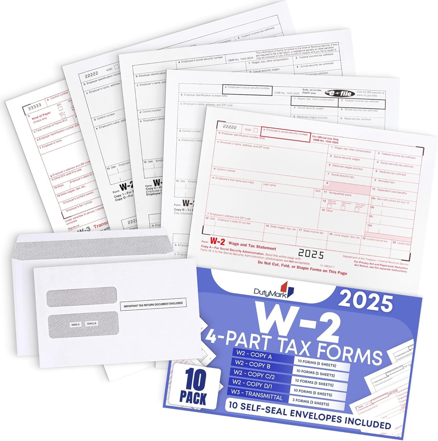 Photo 1 of W2 Tax Forms 2025 with Envelopes, 4 Part W2 Kit of Laser Forms for 10 Employees - Compatible with Quickbooks Software & Laser, Inkjet Printers - with 3 W3s, 10 Self Seal Envelopes Included