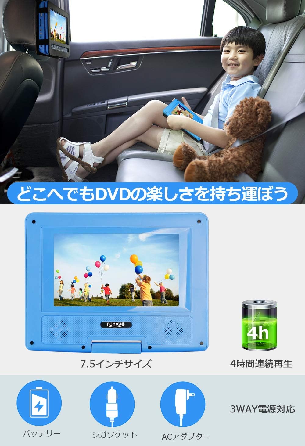 Amazon Funavo ポータブルdvdプレーヤー 7 5インチ 車載 リージョンフリー Usb Sdカード Cprm対応 英語勉強 目に優しい イヤホンと収納バック付属 持ち運び便利 Funavo ポータブルdvdプレーヤー