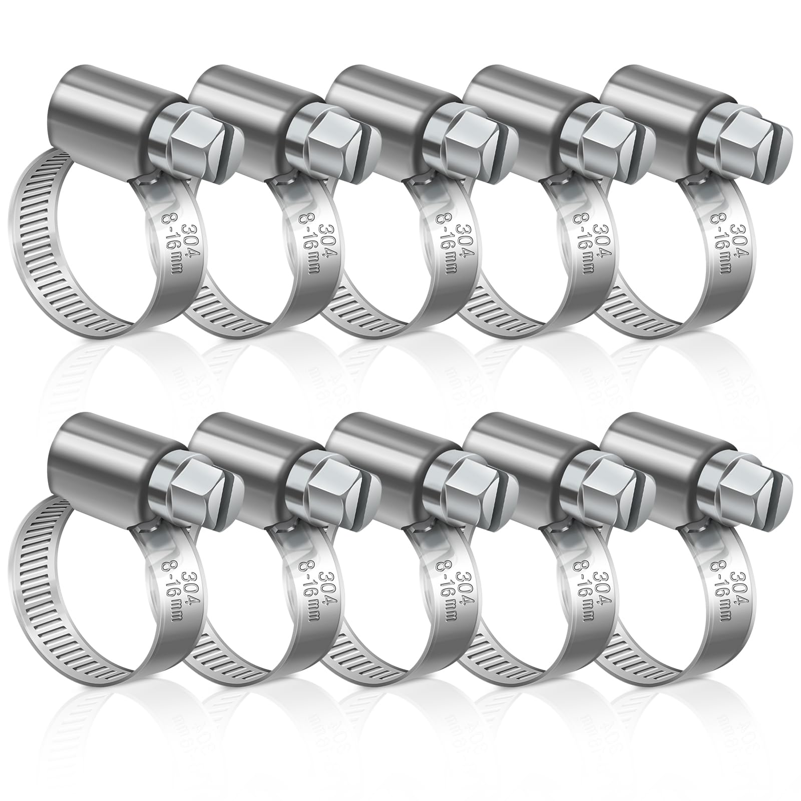 JatilEr 8-16mm Hose Clips, 10 Pcs Adjustable Hose Clamps 304 Stainless Steel Pipe Clips, Pipe Clamps Metal for Securing Hoses or Pipes for Vent Drain Exhaust Water