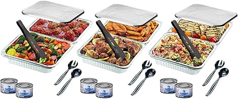 Amazon Com Disposable Chafing Pans Dish Set 30 Piece Buffet Serving Chafer Combo Includes Full Size And Half Size Aluminum Steam Table Pans With Lids Gel Fuel Cans And Serving Utensils