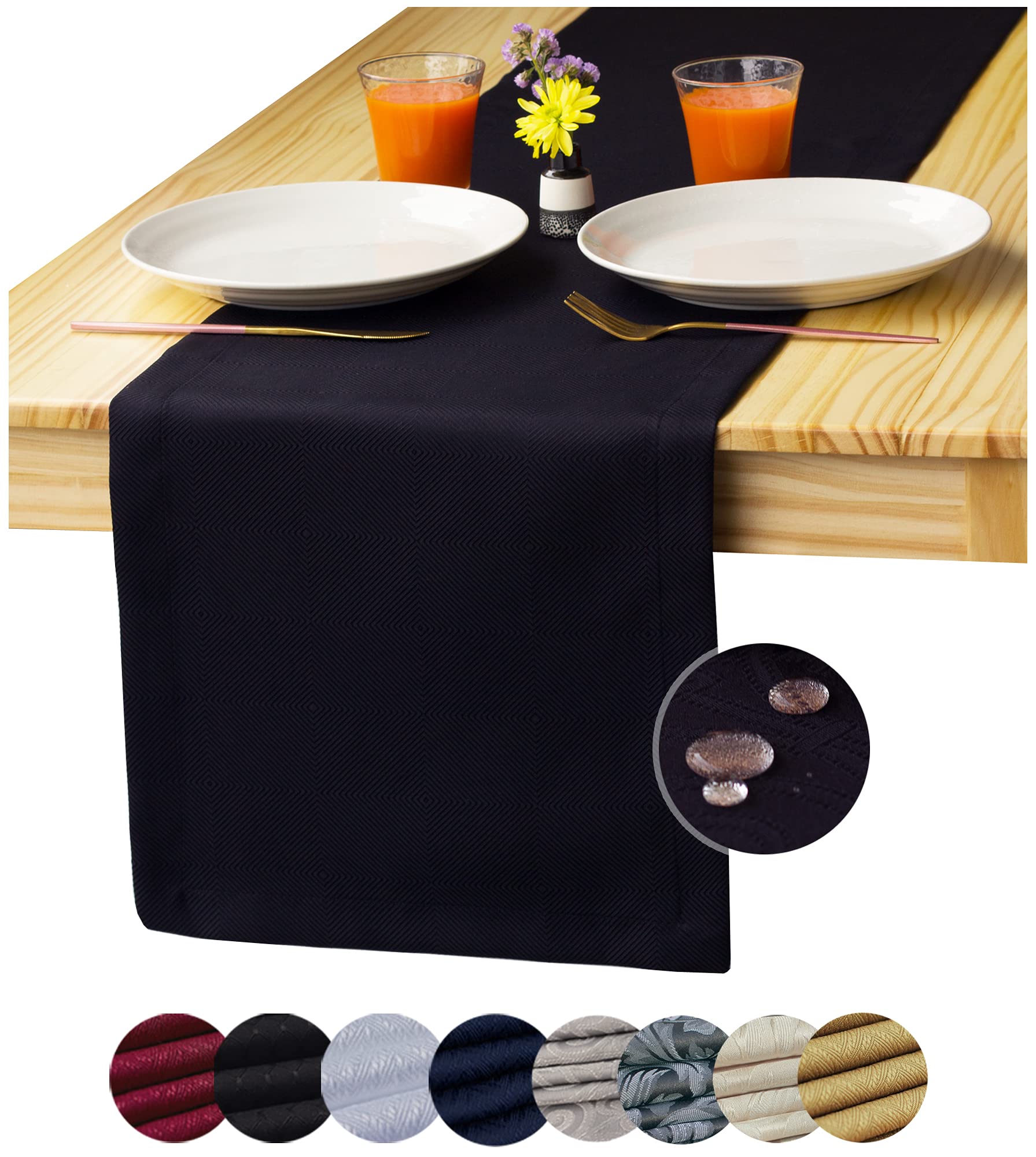 Photo 1 of Black Table Runner 108 inch, Outdoor Dining Table Runners, Waterproof Long Dresser Scarf, Wrinkle-Free Coffee Table Runner, Geometric Decor for Nightstand, End Table, Dinner Parties, Wedding