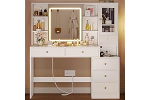 HAUOMS Makeup Vanity with Lights & Sliding Mirror, Vanity Desk with Jewelry Organizer, Glass Cabinet & 5 Drawers, Dressing Table, Modern White