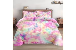 WeCozy Twin Size Comforter Set with Pillowcase, Pink Yellow Painting Tie Dye Soft Bedding Set for Kids and Adults Bedroom Bed Decor