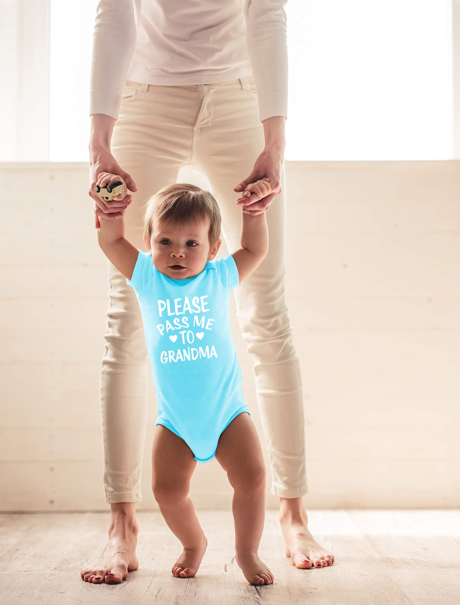 CBTwear Please Pass Me To Grandma Baby Bodysuit Funny Infant Outfit Cute Newborn Clothes Unisex Romper (6 Months, Light Blue)