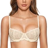 DOBREVA Women's Unlined Balconette Bra Sexy Lace Sheer Underwire Large Breasts Demi Cup
