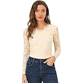 Allegra K Women's Floral Embroidery Sheer Long Sleeves Lace Blouse Top