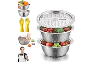 German Quality 3-in-1 Stainless Steel Grater Bowl, Multifunction Kitchen Basin with Vegetable Slicer, Colander, Rice Rinser &