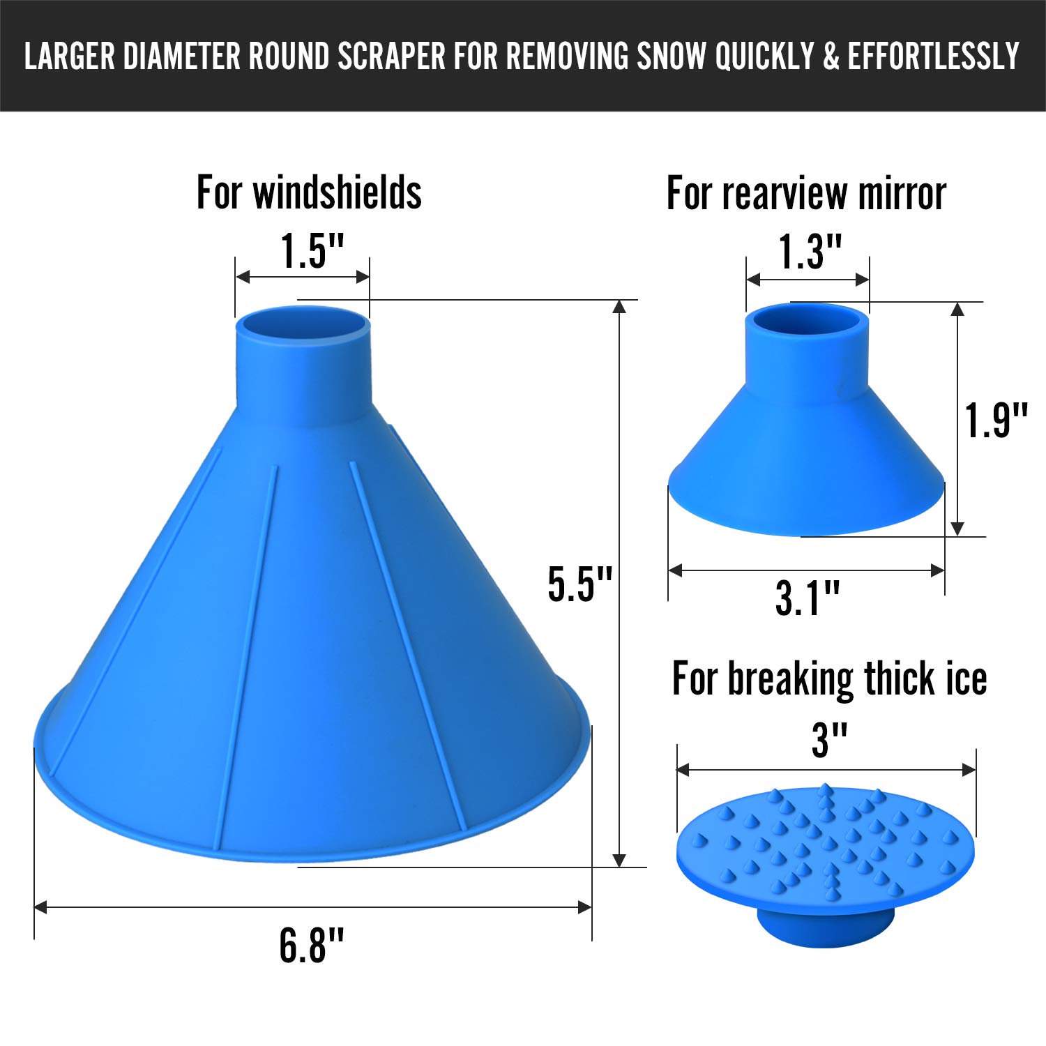 SEVENS 2 Pack Ice Scraper Round Car Window Windshield Cone -Shaped 6.8″ Larger Coverage Diameter Snow Ice Scraper Funnel Removal Tool with 6 Ice Breakers(Blue)