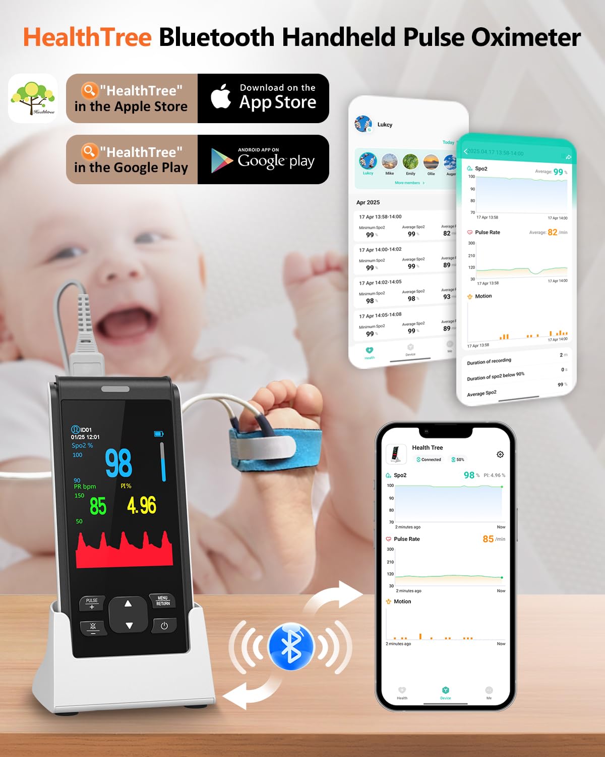 HealthTree Infant Handheld Pulse Oximeter Oxygen Monitor Fingertip for Adult Baby, Rechargeable Oximeter with Overnight Continuous, Alarm