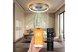Hisummer Low Profile Ceiling Fan with Light and Remote Bladeless Bedroom Ceiling Fan with Light, 20in Small Flush Mount Ceiling Fan Dimmable Modern Enclosed Ceiling Fans for Small Room - Black