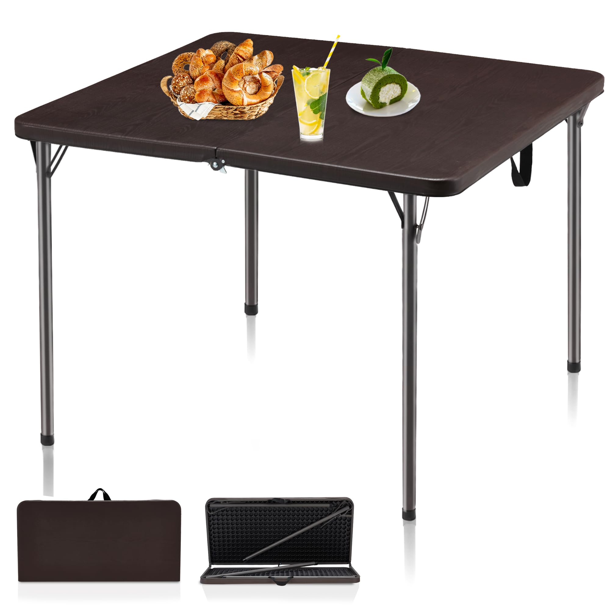 Photo 1 of Kasunpul 34" Folding Table, Portable Square Folding Card Table with Collapsible Legs & Carrying Handle, Plastic Tables for Camping,Picnic, Office, Party, Brown