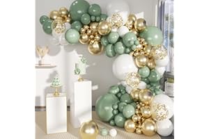 MEBAY Sage Green White Gold Balloon Garland Arch Kit, 146Pcs Latex Balloons Different Sizes 18 12 10 5 Inch for Birthday Baby Shower Gender Reveal Wedding Party Decoration