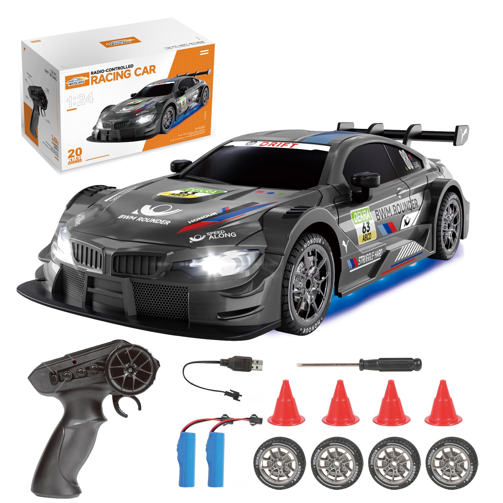 Aipinvip 1:24 RC Drift Car 4WD 20KM/H High Speed Remote Control Racing Cars with Two Rechargeable Batteries, LED Lights, Replaceable tires, Toy Gifts for Boys Girls Adults
