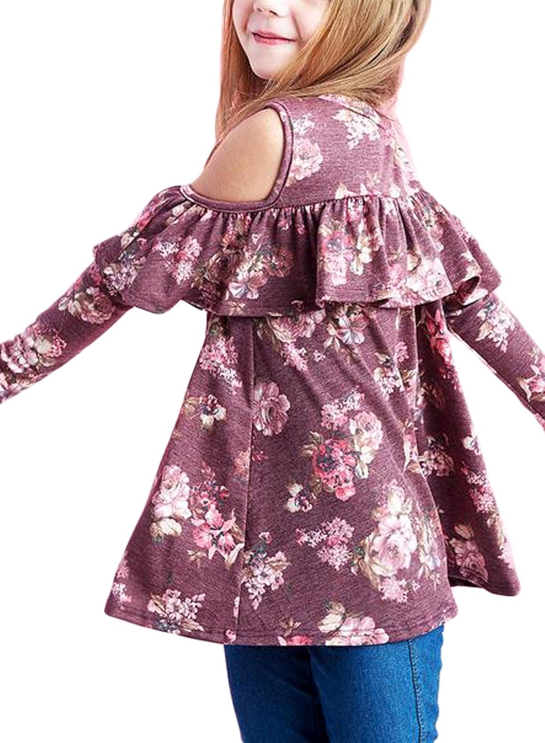 Blibea Girls Casual Floral Print Shirts Short Sleeve Cold Shoulder Ruffles Tops Blouse: Clothing