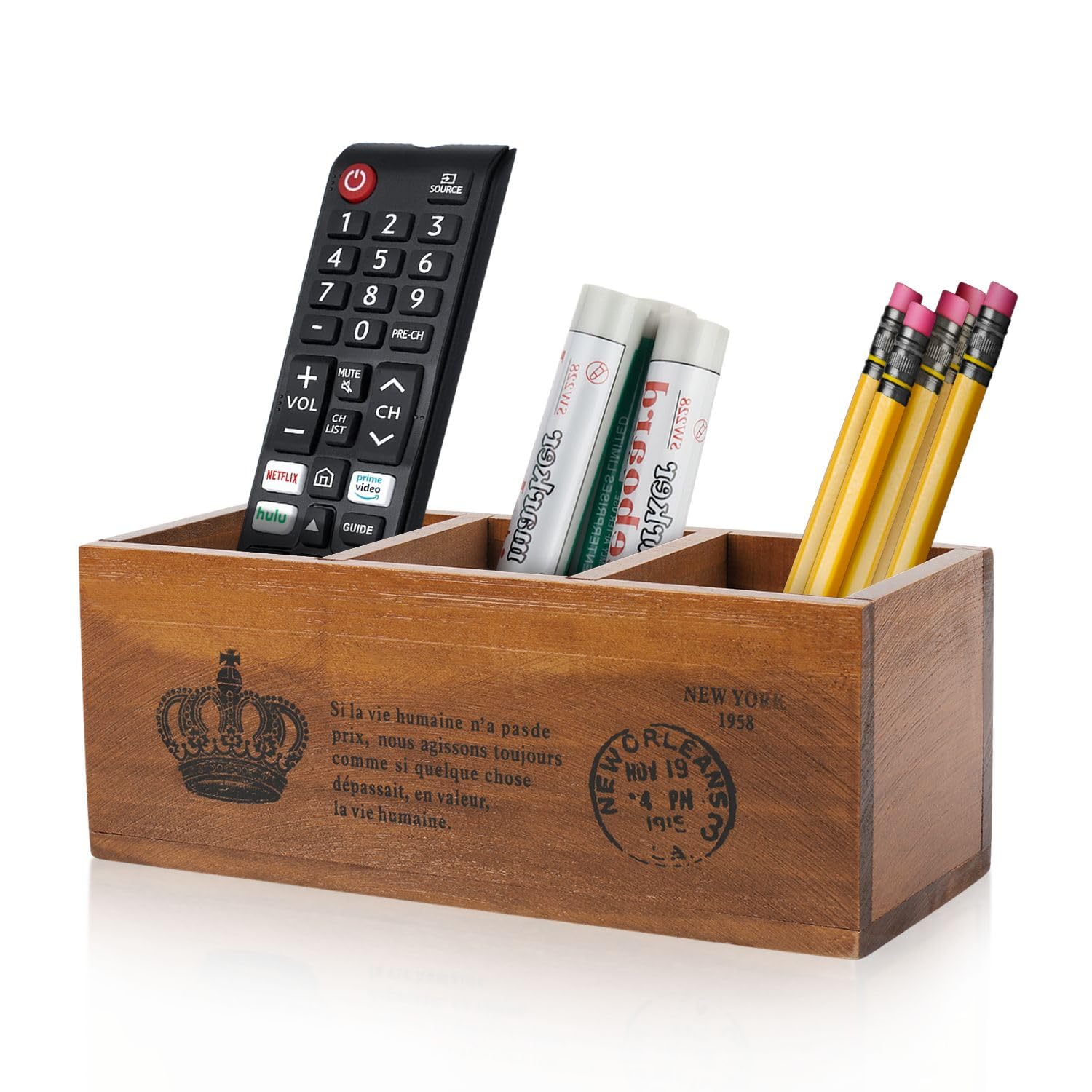 Flexzion Rustic Wooden Pencil Holder for Office - 3 Compartments - Desk and Table Storage Organizer - Multifunctional Remote Control Holder for Home, School and Office