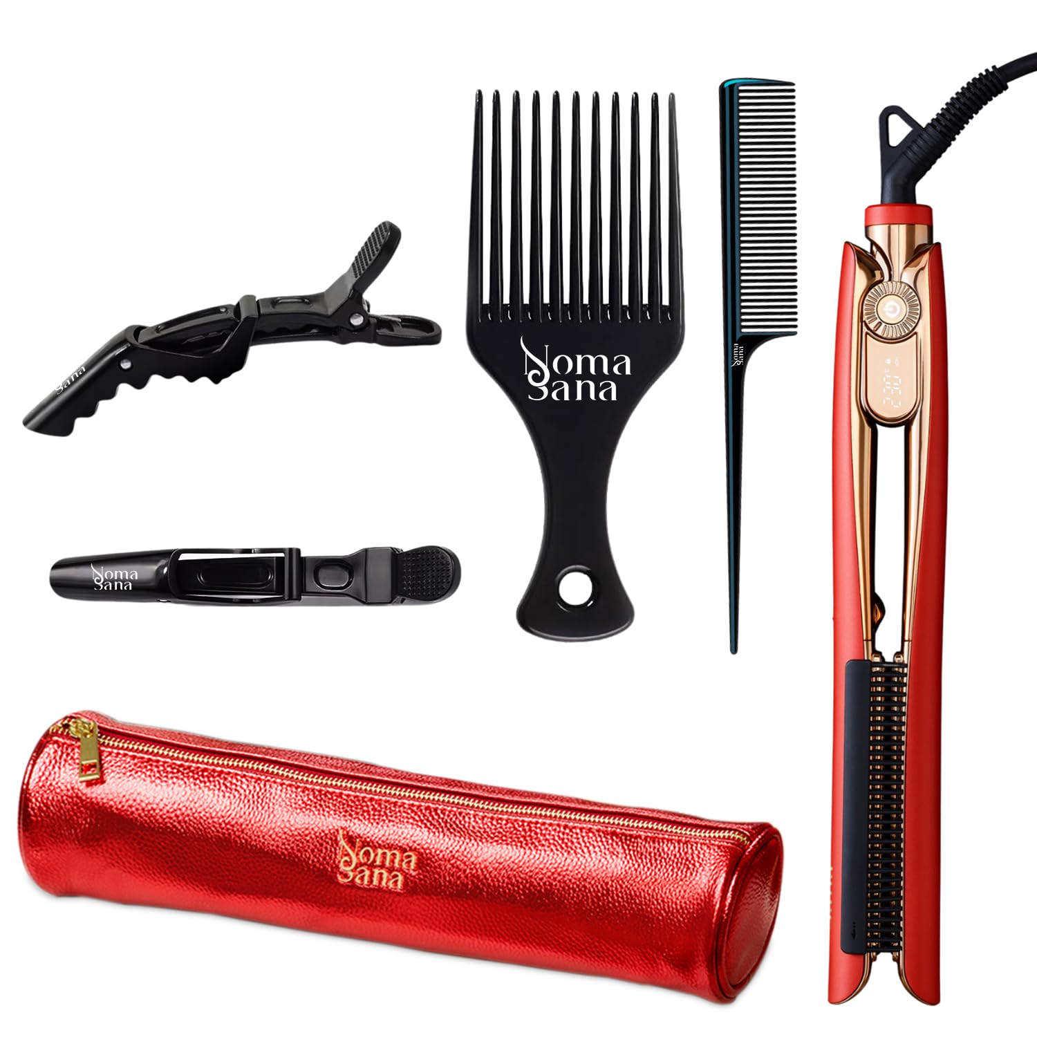 Noma Sana Ergonomic Design Hair Straightener for Tailored Styling of Curly, Coily, Afro Textured Hair, with Flexible Plates, Ion Technology and Adjustable Heat Settings, Removable Comb Attachment.