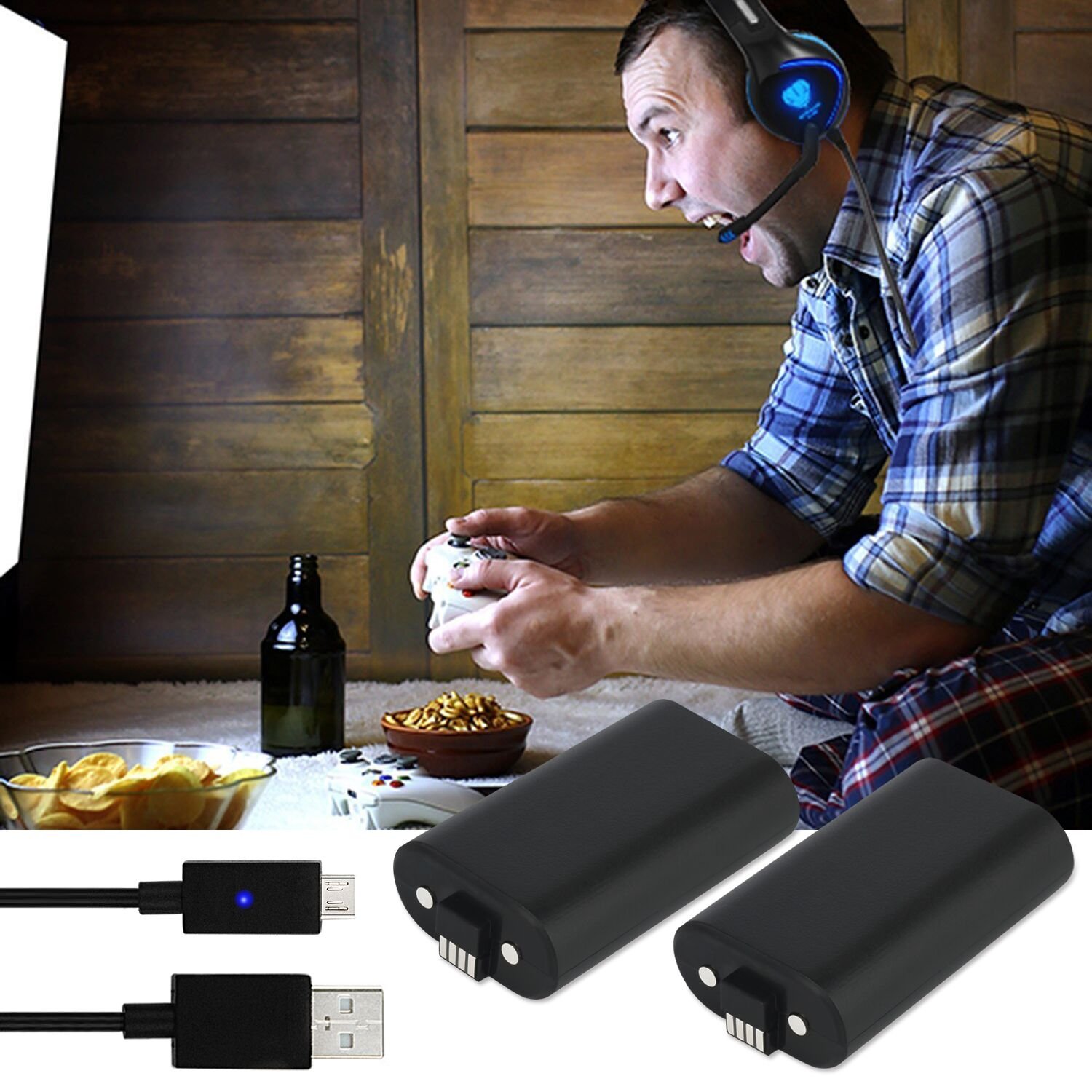 Xbox One Battery Pack 2PCS x 1200 mAh Xbox One Rechargeable Battery and 5FT Micro USB Charging Cable with LED Indicator Light Kit for Xbox One / Xbox One X / Xbox One S Wireless Controllers