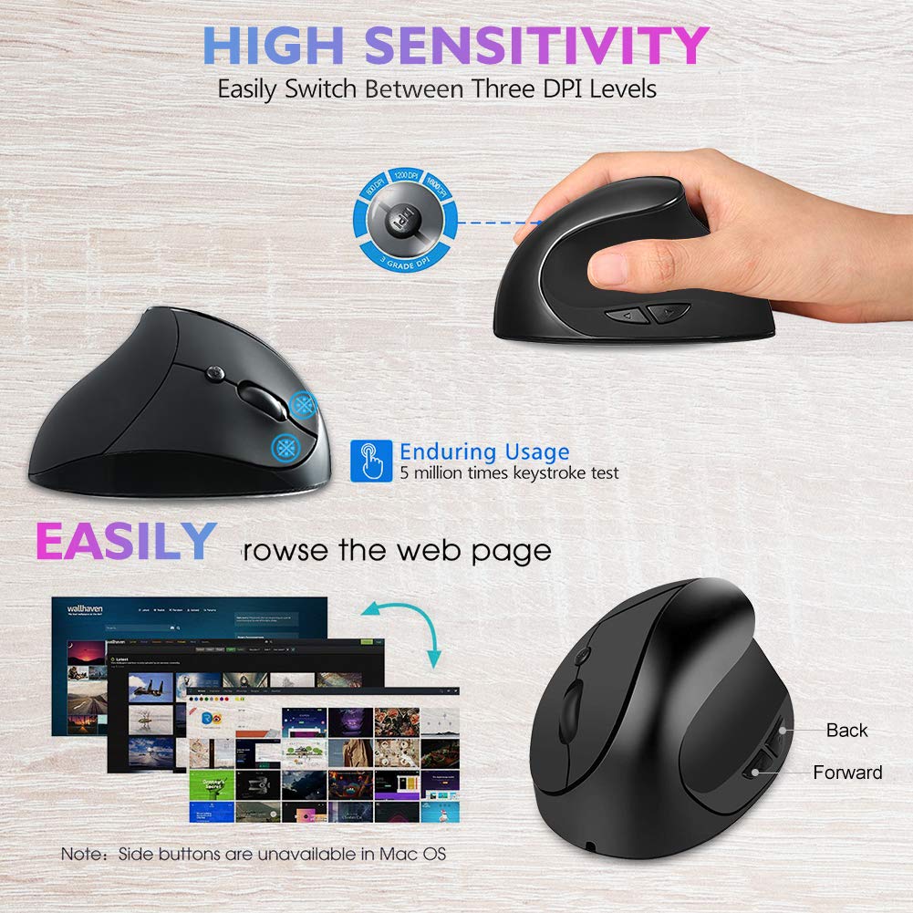 Ergonomic Mouse,Vertical Wireless Mouse, Rechargeable 2.4G Optical Vertical Mouse, 3 Adjustable DPI Levels, 6 Buttons Laptop, PC, Computer, Desktop, Notebook 【Small Hands】- Black