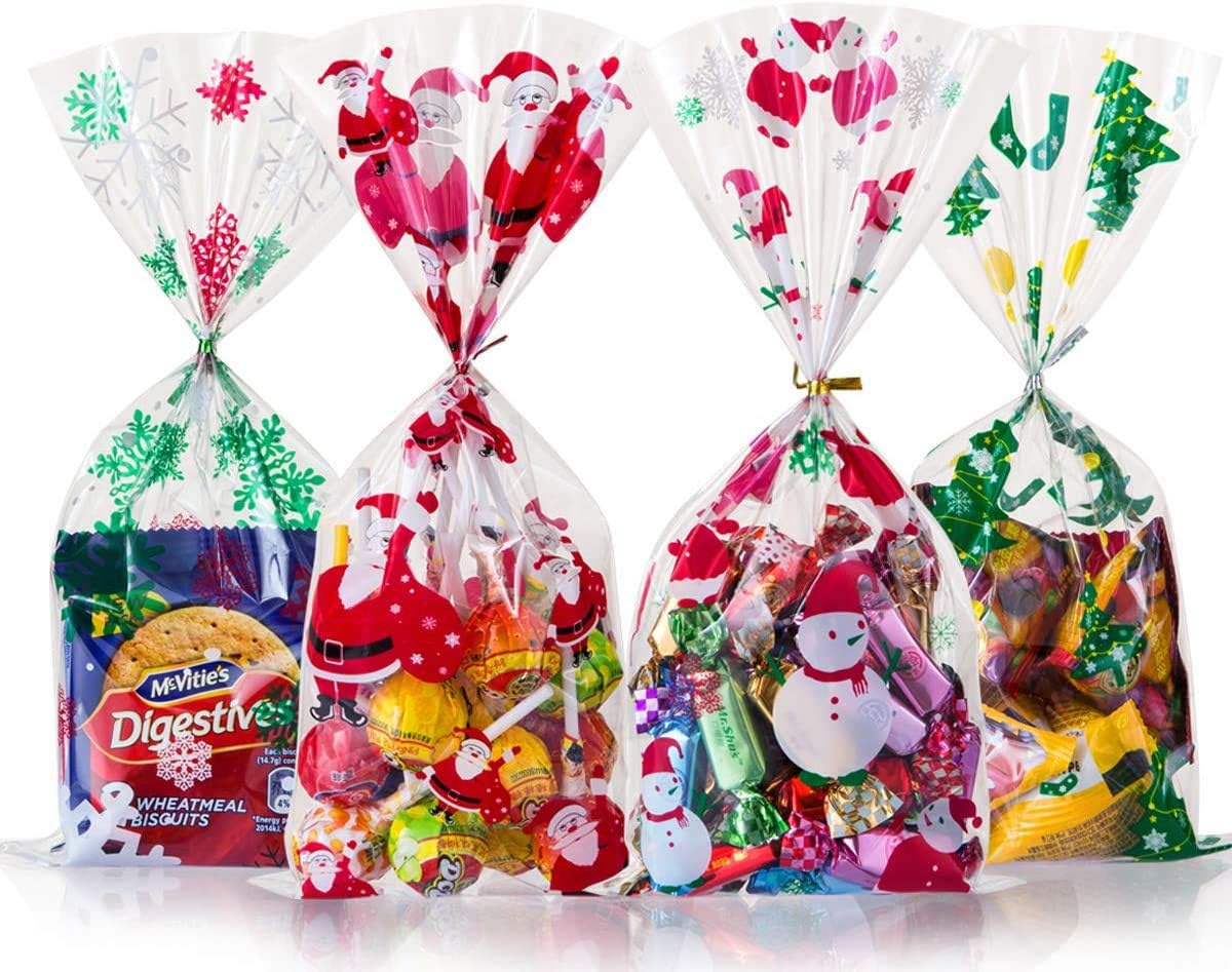 GWHOLE 200Pcs Christmas Cellophane Bags 10.8 x 4.9 inch Cello Treat