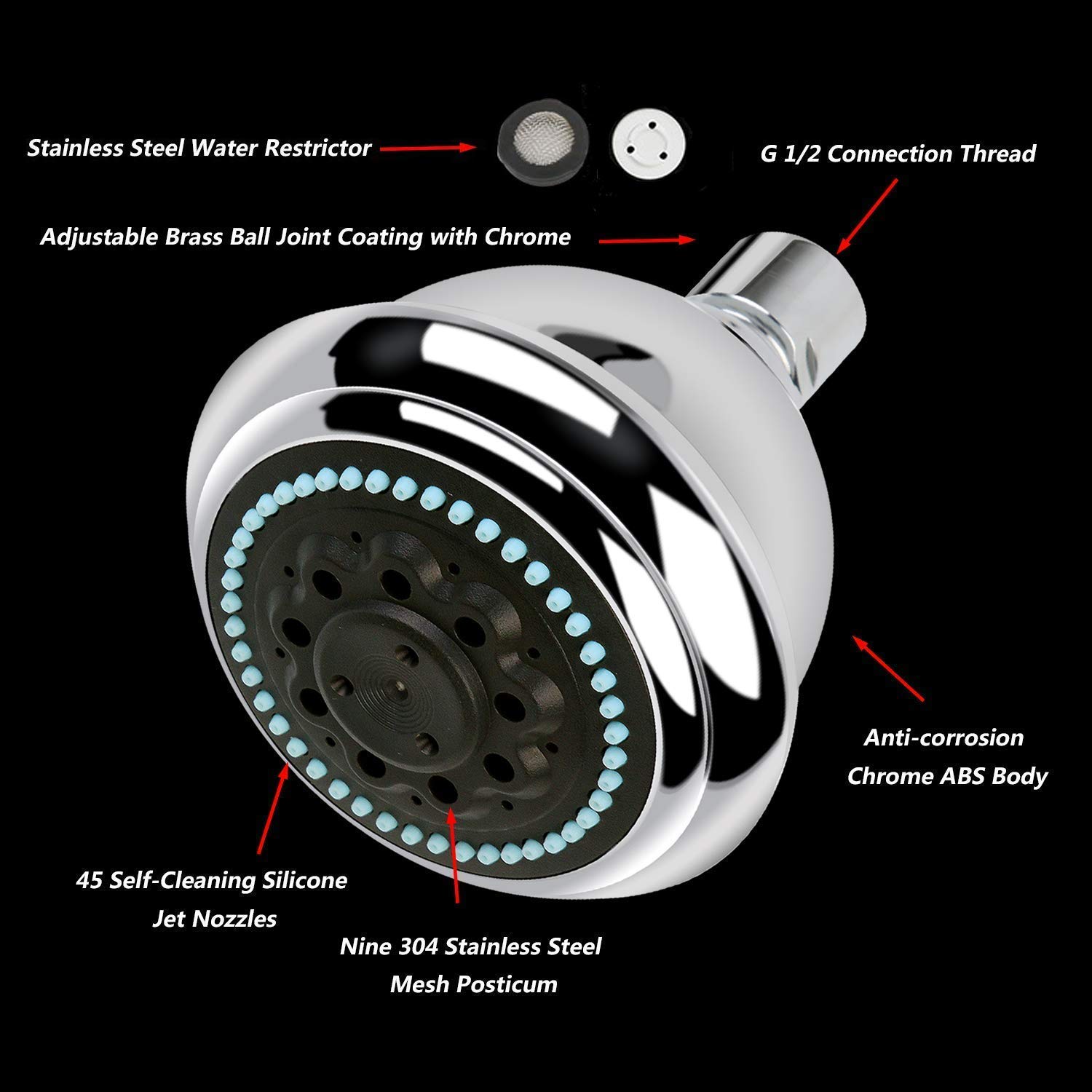 Shower-Head High Pressure 2018 NEWEST - 4.3” Rainfall Shower Head Adjustable Brass Swivel Ball Joint Fixed Showerhead with Removable Water Filter - Water-saving High-Flow Wall Showerhead - 5Modes