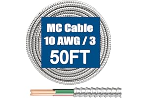 MOOKEERF 10/3 MC Cable with Ground - 50FT Pure Copper 10AWG/3 Metal Clad Wire with Aluminum Armor 10 Gauge 3 Conductor Type MC Alum Cable