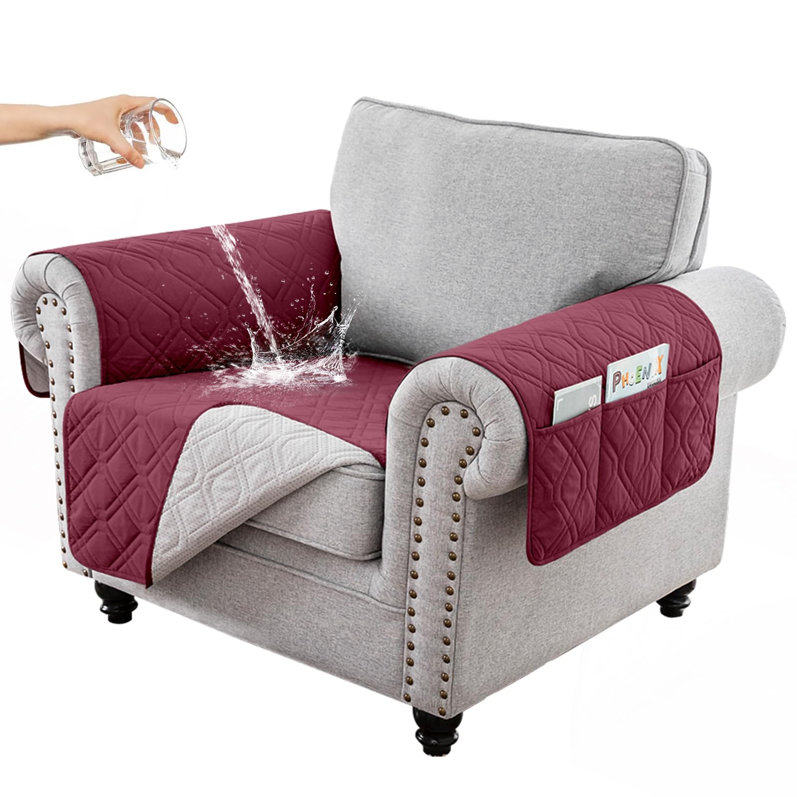 RAPRAP 100% Waterproof Armchair Cover with Side Pockets, Washable Anti-slip Chair Cover for Single Sofa Couch, Furniture Protector Cover for Pets Children Dog Cat, Red,1 Seater