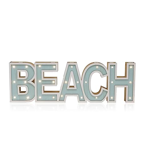 Tumbler Home Illuminated Marque Style Beach Word Led Lit 3 Dimentional Sign Beach Word 175 Inches Long Aqua White Wood Open Frame Coastal