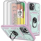 Case for iPhone 13, for iPhone 13 Case with 3 Pcs Tempered Glass Screen Protector Built in Ring Stand Kickstand + Camera Cover, Hard PC Soft TPU Defender Full Body Protective Armor Case - Green/Pink