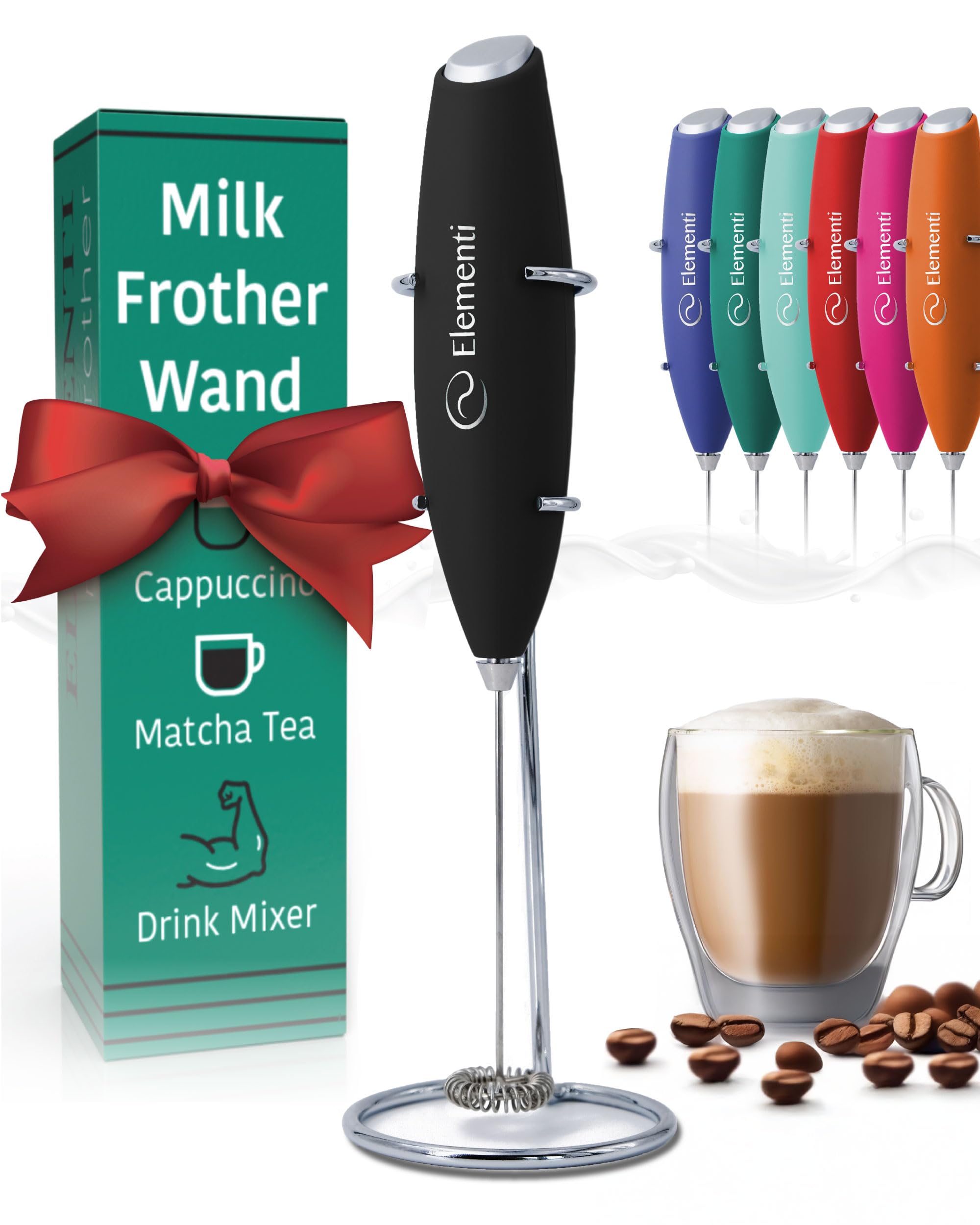 Photo 1 of Elementi Milk Frother Wand & Drink Mixer with Stand - Turbo Milk & Coffee Frother Handheld - Hand Held Coffee Mixer Wand & Cold Foam Maker for Frothy Cappuccinos, Lattes & Drink Mixes at Home - Black