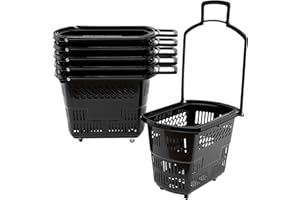 PINELICORN 6PCS Plastic Shopping Basket with Handles & Wheels, 35L Rolling Shopping Carts, Grocery Basket with 4 Wheels and Handle, Portable Shopping Basket for Retail Stores, Supermarkets (6PCS - Black)
