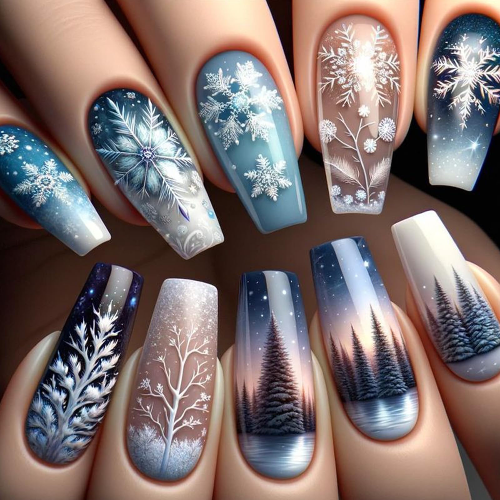 Winter Press on Nails Medium Square Fake Nails Winter Scenery with Snowflakes Design False Nails for Women Girl Christmas Manicure DIY Art Christmas Gift Packaging