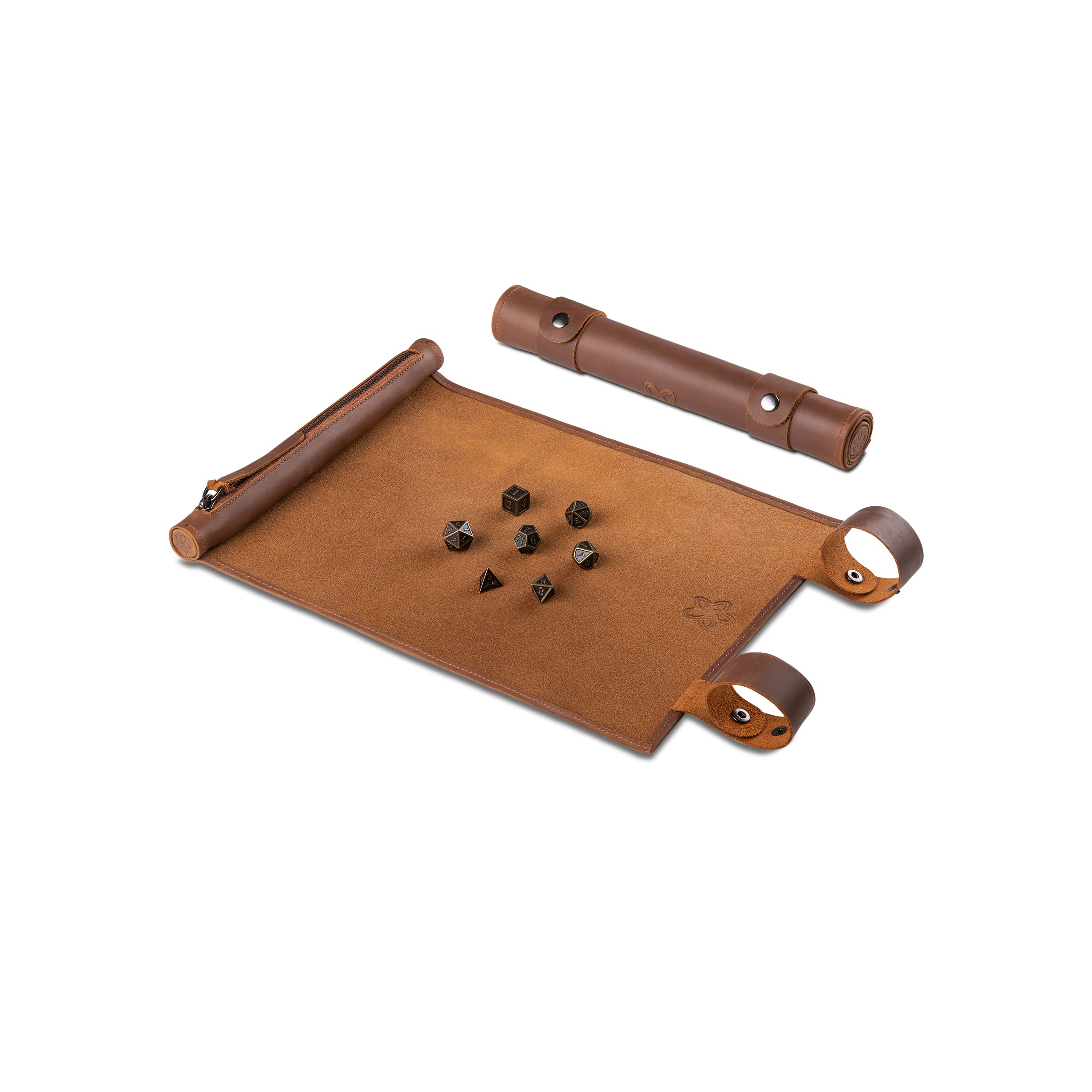Melia Games RPG Rolling Dice Mat - Handmade Genuine Leather Dice Mat - Pen and Paper Mat for Fantasy Gamer (Tobacco + Bronze Set)