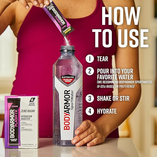 BODYARMOR FLASH IV ELECTROLYTE PACKETS, GRAPE – ZERO SUGAR DRINK MIX, SINGLE SERVE PACKS, COCONUT WATER POWDER, HYDRATION FOR WORKOUT, TRAVEL ESSENTIALS, JUST ADD STICKS TO LIQUID (15 COUNT)