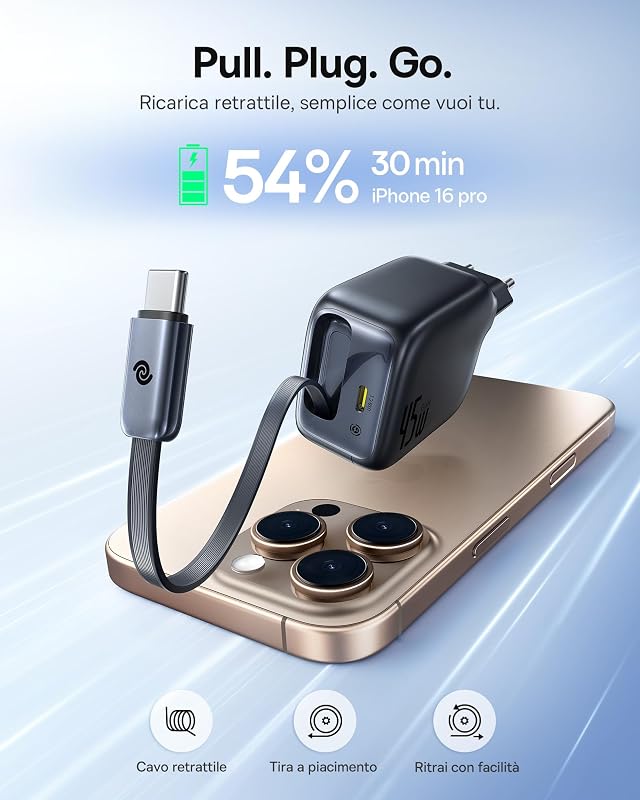 Caricatore USB C da 45 W, Baseus Enercore con cavo USB C, caricatore iPhone iPad, alimentatore di rete per iPhone 17/16/15/14/13/12/11 Pro Max Air, Samsung Galaxy S25, Pixel, cavo estraibile