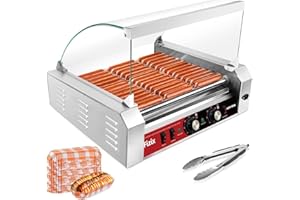 FIZIX Commercial 1670W Hot Dog Roller Grill, 11 Non-Stick Rollers for 30 Hot Dogs, Stainless Steel Machine with Glass Cover, Dual Temperature Control, LED Light & Removable Drip Tray (Red-black)