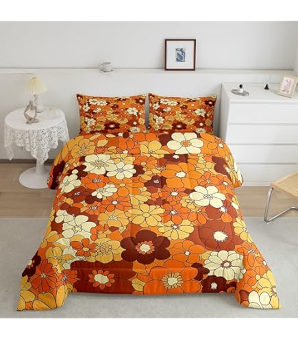 Juego De Edredón De Los Años 1960 Y 1970 Para Adultos, Juego De Ropa De Cama De Flores Indie Hippie Disco Tamaño Queen, Colorido Juego De Edredón Floral De Verano Hawaiano
