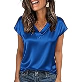 Zeagoo Women Silk Satin Tops Cap Short Sleeve Blouse V Neck Shirts Business Casual Outfits S-2XL