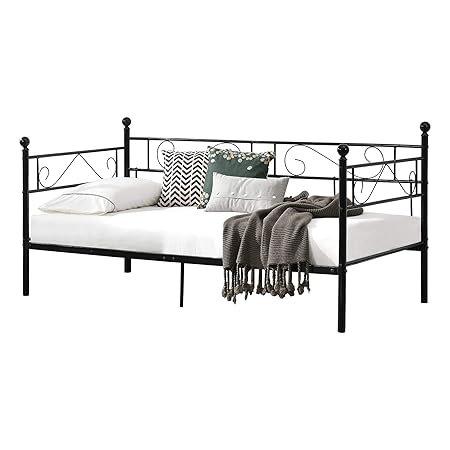 [en.casa] Tagesbett 90x200 Schwarz Metallbett Bett Daybed Bettsofa Kojenbett Jugendbett Gästebett
