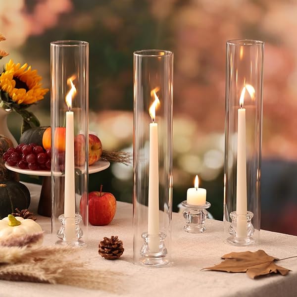 VOLENS HURRICANE GLASS CANDLE HOLDERS – SET OF 6 CANDLESTICK HOLDERS FOR TAPER CANDLES WITH WINDPROOF CYLINDER COVERS 14″ TALL CLEAR GLASS CHIMNEY COVER FOR WEDDING TABLE CENTERPIECE HOME DECOR